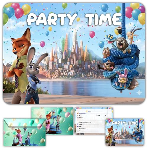 12 biglietti di invito di compleanno per Zootopia e animali, con buste abbinate, per bambini e ragazzi, pre-riempiti in inglese, per feste di compleanno o celebrazioni