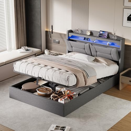 Mutuolux Lit Double Coffre avec LED et Ports USB,Tête de Lit avec Espace de Rangement,Sommier à Lattes en Bois,pour Adultes et Adolescents,Lin(sans Matelas) (Gris, 140x200 cm)