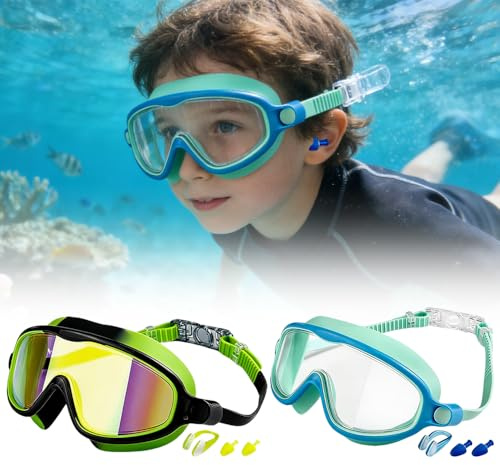 Mineup Taucherbrille Kinder, 2 Stück Schwimmbrille Kinder für Jungen Mädchen mit Nasenschutz Ohrstöpsel, UV Schutz & Anti-Beschlag, Anti Fog, 180° HD-Panoramablick, 4-16 Jahren(Blau+Grün)