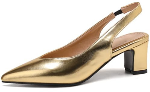 Escarpins Slingback Femme Bout Pointu Talon Bloc Cuir Synthétique Lisse Finition Dorée Design Basse Coupure Classiques Bureau Quotidien Tailles Complètes 34-48,d'or,37 EU