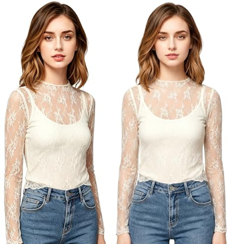 DEARBAG Haut Sexy en Maille pour Femme, Haut en Réseau Glitzer Transparent, Blouse à Manches Longues en Dentelle Sheer Mesh, Top Transparent pour Party, Club, Festival, taille unique