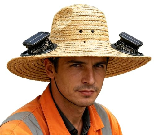 Sombreros de Paja para Hombre,Gorra Recargable USB de ala Ancha - Sombrero de Sol para Hombre,para Actividades al Aire Libre Camping Jardín Excursiones Trabajo Viajes Deportes