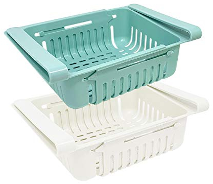 joeji's Kitchen Lot Boite De Rangement et Organisation De Cuisine Frigo, Organisateur De Tiroir Rétractable Pour Réfrigérateur Frigo, Bleu Blanc Rose Et Beige Couleurs (Lot de 2)