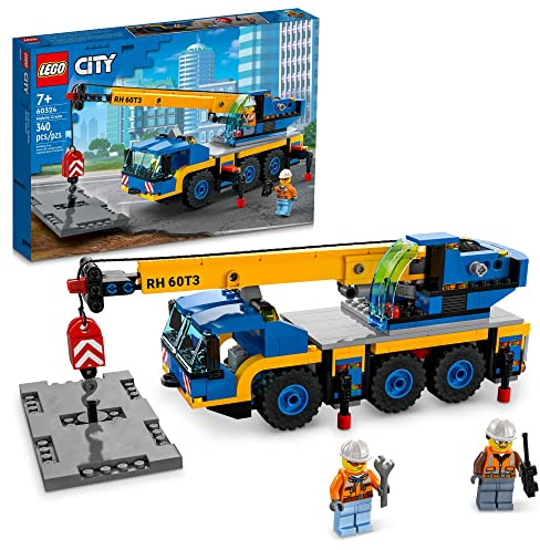 LEGO City Mobile Crane 60324 Building Kit; Toy Construction Vehicle with Working Boom, Outriggers and Winch System; Includes Driver and Worker Minifigures; for Boys and Girls Aged 7+ (340 Pieces)