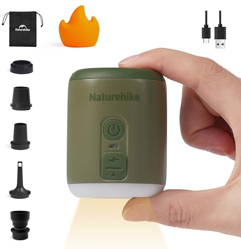 Naturehike Wind-Mini 1600 mAh USB-C rechargeable battery air pump Mini Camping Air Pump Portable Electric Air Pump with Light Air mattress electric air pump With 6 air nozzles ArmyGreen