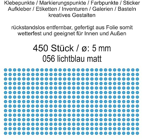 Aufkleber Etiketten Klebepunkte aus Folie 450 Stück blau lichtblau matt rund 5 mm selbstklebend farbig wetterfest Decal Markierungen Organisieren DIY basteln verzieren Modellbau Scrapbooking