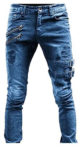Générique Hommes Zip Bike Slim Jeans Slim Stretch Zip décoratif Jeans Pantalons Pantalon de Crayon Droit Moto (Bleu,L)