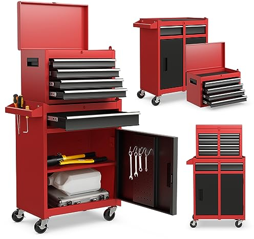 GYMAX Carro de Herramientas con Ruedas, 2 Ruedas con Bloqueo, Armario de Herramientas con 5 Cajones, Gancho, Estante Ajustable y Forro Antideslizante (Rojo + Negro)