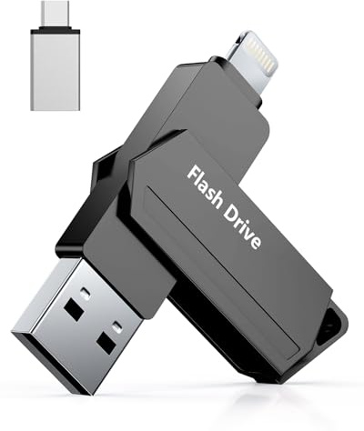 USB Flash Drive for iPhone 256GB MFi Certified 3 in 1 USB 3.0 Flash Drive USB C Photostick Pen Drive Pen Drive Pen for iPhone/iPad/iOS/Android/Mac/PC - External Memory (Black)