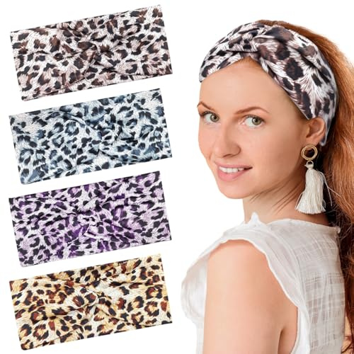 4 stycken pannband, pannband med leopardmönster, breda bandanas, hårband för kvinnor och flickor, knutna pannband för vuxna kvinnor, lämplig för yoga, cykling, pilates, löpning