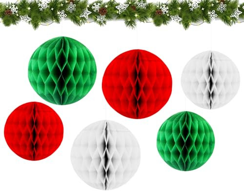 6pcs Christmas Decorations Ceiling Hanging Paper Honeycomb Pom Poms Xmas Tree Room Red Green White Paper Ball Ornaments Christmas New Years Eve Indoor Home Office Party Decorations Supplies