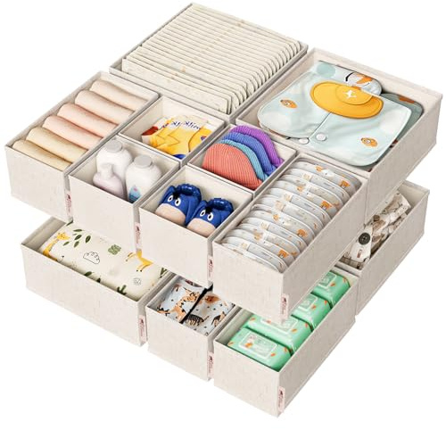 ZenStorage Cotton Linen Drawer Organizer for Baby Clothes, 12Pack Multi-Size Nursery Dresser Dividers for Clothes, Premium Foldable Storage Bins for Bedroom, Closet and Diaper Table, Beige