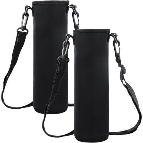 Wisebom 2 Pièces Sac de Bouteille d'eau, 8 × 25CM 1500ML Grand Porte-Bouteille Thermos Pochette Bouteille avec Bandoulière Réglable Pour Sport Randonnée Cyclisme Voyages Campus (Noir)