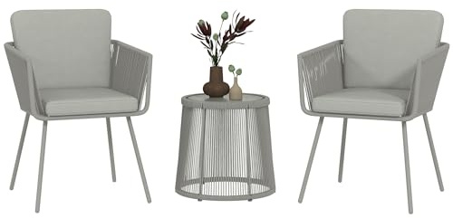 Outsunny Set da Giardino 3 Pezzi in Rattan PE e Acciaio, Set 2 Sedie con Cuscini Lavabili, Braccioli, Tavolino da Caffè con Piano in Vetro, Set di Mobili da Balcone Patio Cortile, Grigio Chiaro