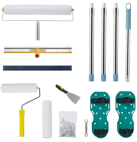Spiked Roller Self Levelling,Self Levelling Tools with 490mm Spiked Roller & 560mm Filling Knife,Floor Construction Tools with Extension Pole 160cm,Spiked Shoes,Markless Sawtooth Self-Leveling Rake