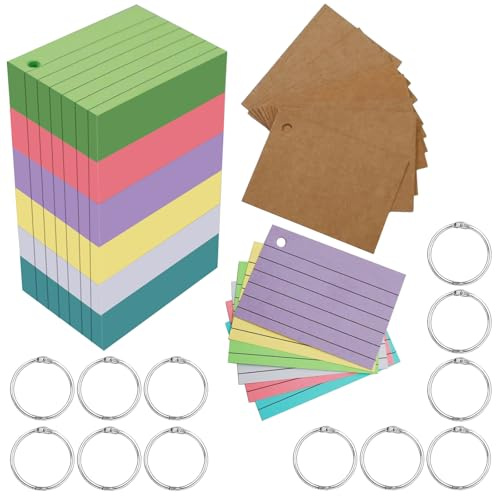 Leucasa 1200 Stück Karteikarten A8 6 Farben Lernkarten mit Kraftpapier und Bindering Flashcards Beidseitiger Druck für Studium, Rezepte, Memo-Karten, Bürobedarf, DIY