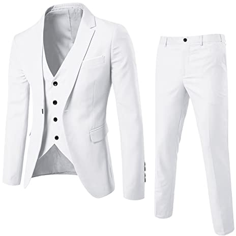 Generisch Costume pour homme slim 3 pièces costume business mariage fête veste gilet & pantalon manteau chemise blanche homme manches longues, Blanc., XL
