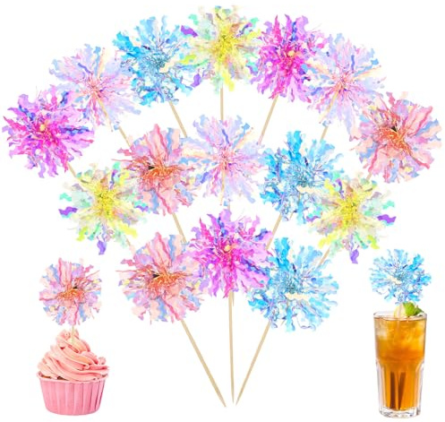 50PCS Foil Firework Cupcake Toppers, Happy Birthday Cake Toppers, Firework Cake Topper, Sparkle Tinsel Drink Stirrers, Tinsel Drink Decoration for Party, Wedding, Graduation, Christmas, Valentine