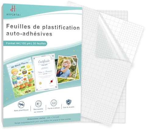 HYPERTAI A4 Lot de 30 Feuilles de Plastification Auto-Adhésives, 225 x 310 mm, Film de Plastification à Froid 100 Microns, Sans Machine ni Chaleur, Finition Brillante pour DIY, Maison et École