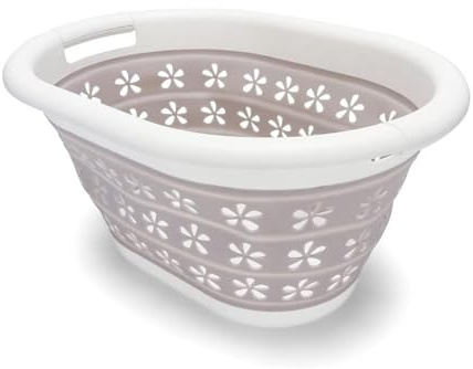 Camco Collapsible Laundry Basket | Features Simple Pop-Open & Collapse-Down Design | Waterproof for Easy Clean-Up | Measures 14.5” x 19.75” x 2.5”/10” Collapsed/Expanded, Taupe & White (51951)