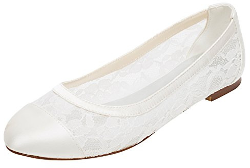 Emily Bridal bröllop skor med spets, platta elfenben, pumpar, rund slip-on, brudskor, elfenben, 37 EU