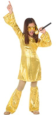 ATOSA | Costume da discoteca dorato per ragazze | Stile anni '70 | Include vestito e scaldamuscoli | Abito luminoso, comodo e divertente | Ideale per feste, carnevali o eventi | Taglia 1-12 anni