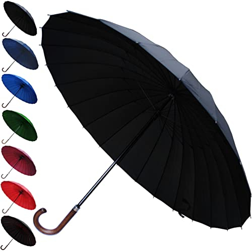 COLLAR AND CUFFS LONDON 95KPH Regenschirm Sturmfest XL - 24 Rippen SEHR STARK - Stockschirm Groß Herren Damen Windfest - Golfschirm Windproof Fiberglasrippen - Holzgriff Holz - Automatik - Schwarz