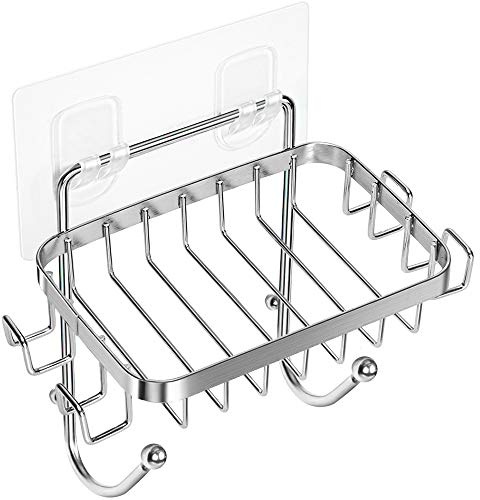 ODesign Soap Dish Holder SUS304 Stainless Steel with 6 Hooks Loofah Bath Sponge Towel Razor Holder for Bathroom Shower Kitchen Adhesive Wall Mounted No Drilling-Silver-1 Pack