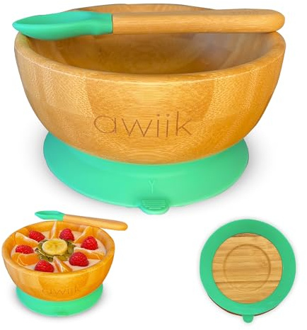 AWIIK Petit bol en bambou avec ventouse puissante pour bébés et tout-petits. Bol BLW en bambou antidérapant avec ventouse anti-retournement pour apprendre à manger BLW (Bowl_Green)