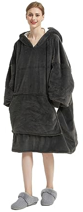 Lanqinglv Decke Hoodie Sweatshirt Plüsch Flauschige Sherpa TV-Decke mit Ärmeln Schwarz Dunkelgrau,Oversized Kapuzenpullover Kuscheldecke,Flanell Fleecedecke,Sofadecke Tragbare Decken