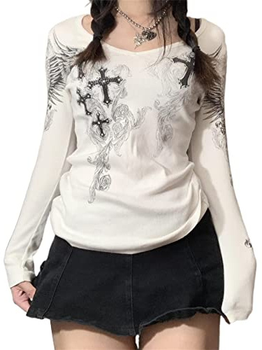 Camisa gótica para mujer, de manga larga, vintage, con estampado cruzado, cuello redondo, blusa estética delgada, recortada, ropa grunge, Z-blanco#1, S