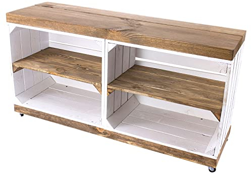 Kistenkolli Altes Land Schuhregal mit Sitzbank n TV-Tisch Fernsehtisch Schuhablage Schuhbank aus Holz Maße 100 x 29 x 45cm L x T x H (Weiss mit palisander Planke und Mittelbrett)