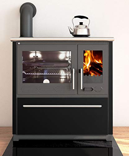 ECOfoxx Küchenofen Holzherd Plamen 850 schwarz, linke Version - 8 kW Dauerbrandherd aus Gußeisen, Freistehend mit emaillierter Seitenverkleidung und großem Backfach