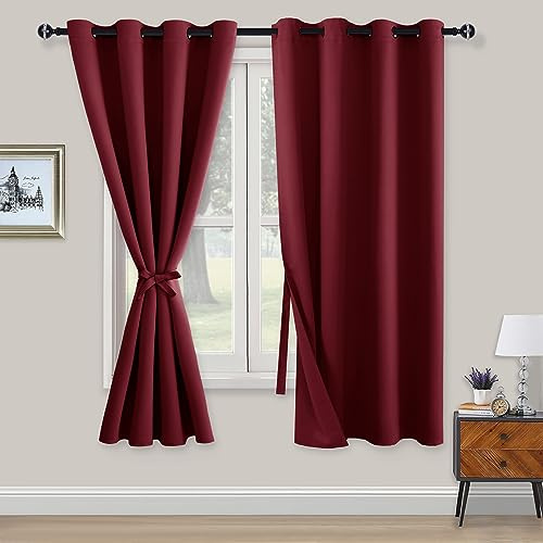 XWZO Blackout Curtains Shades Window Curtain Panels with Tiebacks- Noise Reduction and Thermal Insulated Eyelet Curtains for Bedroom,Living Room,Office,Study Room Burgundy W52xL63