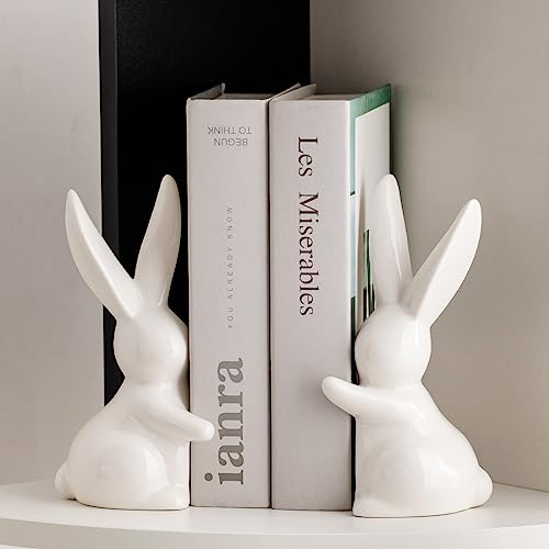 Dekorative Buchstützen aus Keramik, witzige Kaninchen Buchstützen, Hase Buchhalter, Bookends, Book Holder Stopper für Regale, Kunst Buchstütze - Weiß
