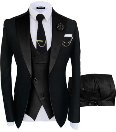 Wangyue Black Black Suits for Mens 3 Piece Tuxedo Suit Wedding Groom Formal Business Suits Prom Tuxedo Party, S
