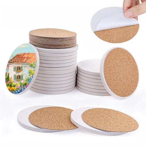 24 Pcs White Ceramic Coasters for Crafts, 10×10 cm Blank Round Coaster Tiles with Cork Sheet Pads, Unglazed Ceramic Tile for Painting DIY Arts Craft Project