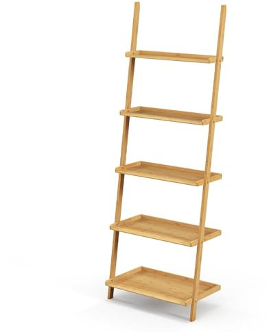 GIANTEX Estantería de escalera de bambú, estantería con 5 estantes, estante de pared para ahorrar espacio, cada piso soporta 10 kg, organizador para balcón, sala de estar y oficina, estantería