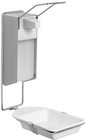 4x ARNOMED desinfektionsdispenser med droppbricka, tvåldispenser i aluminium för 1000 ml, tvåldispenser för väggmontering med lång arm, Euro-dispenser för desinfektionsmedel, tvåldispenser, dispenser