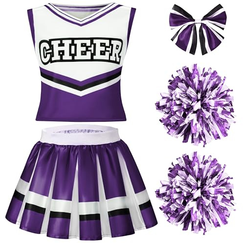 Spooktacular Creations - Costume de pom-pom girl pour filles, tenue de cheerleading violet et blanc avec accessoires pour Halloween et jeux de rôle - Taille plus (10-12 ans)