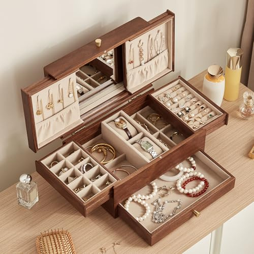 Homruilink Coffret à Bijoux en Bois, 3 Tiroirs Multifonctionnels en Noyer Noir, pour ranger montres, colliers, bagues et boucles d’oreilles, Cadeau pour la Fête des Pères (avec Miroir B)