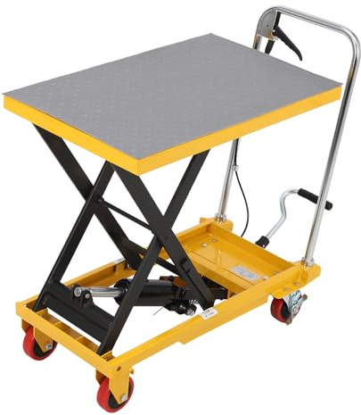 Hydraulic Lift Table Cart 500lbs, Lift Table Capacity 28.5 Lifting Height, Manual Single Scissor with 4 Wheels, Non-Slip Pad Thickness 3mm for Material Handling and Transportation Yellow