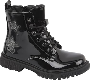 A2Z 4 Stivaletti da bambina in pelle PU verniciata nera per il ritorno a scuola con lacci e chiusura a zip stivali da donna tacco grosso comode scarpe da combattimento, Nero , 34 EU
