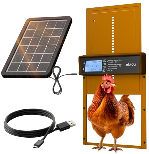 Okkobi Porta Automatica Pollaio Solare - Porta Pollaio con telecomando, Timer e Sensore di luce - Display LCD - Sicurezza e tranquillità: Funzione Antipizzicamento - Protezione di 5 anni
