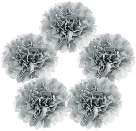 QUARKZMAN 5 Piezas de Pompones de Papel, Flores de Papel de 6 Pulgadas, Papel fino, Mexicanas para Fiestas de Cumpleaños, Bodas en Color Plateado