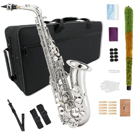 Kit de saxofón alto para principiantes YoungMonic, saxofón alto E flat con boquilla, funda de transporte, correas, 10 cañas para estudiantes y adultos