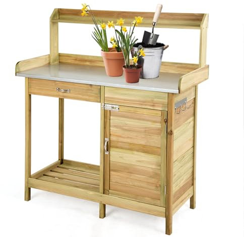 HOMASIS Pflanztisch mit verzinkter Arbeitsplatte, Gartentisch mit Schubladen & Unterschrank & 3 Haken, Blumentisch Massivholz, Gärtnertisch Holzpflanztisch Wetterfest, Arbeitstisch 112x46x125cm, Natur