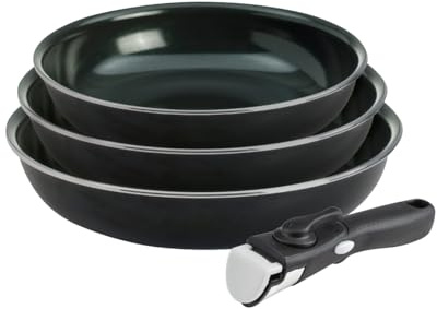 QDESIGN DIAMOND Lot de 3 poêles en Aluminium renforcé de diamants anti-adhésif, poignée amovible - tous feux dont induction - Compatible four/lave-vaiselle/frigo - Noir diamant, Empilables 20/24/28cm