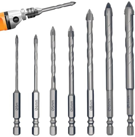 Set di 7 Punte Eccentriche Seghettate a Quattro Bordi, Punte da Trapano Multifunzione ad Alta Durezza, Trapano Seghettato a Quattro Tagli per Vetro, Ceramica, Legno e Metallo（3/4/5/6/8/10/12MM）