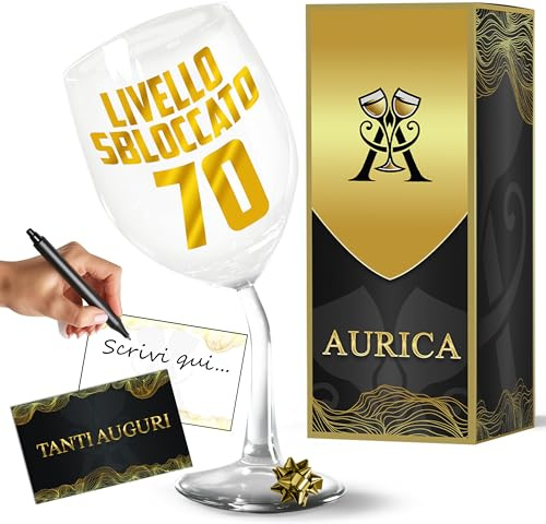 Aurìca Calice Vino Personalizzato LIVELLO SBLOCCATO 70 – Sorprendi Con Un'Idea Regalo Simpatica! Per Brindare Ai 70 Anni Con Un Bicchiere Piegato All’Altezza! Con Confezione Regalo Inclusa